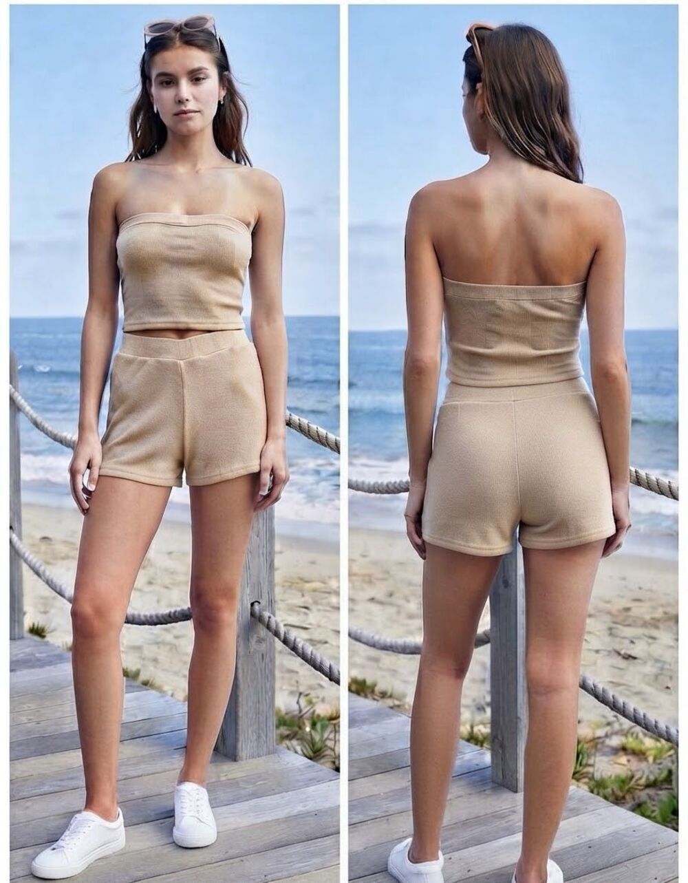 Women XS knit tube top and pull on shorts outfit tan